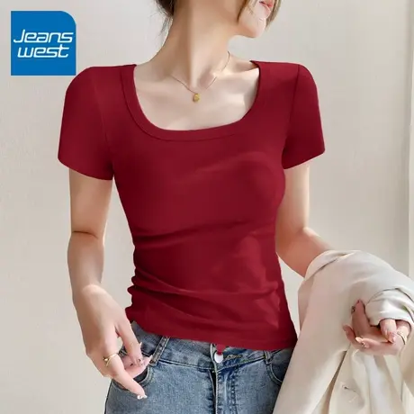 KV真维斯红色方领短袖t恤女2025新款薄款夏季修身正肩小个子上衣商品大图