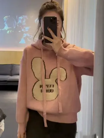 大白兔提花图案针织连帽毛衣女2023秋冬韩版潮流时尚宽松百搭上衣商品大图