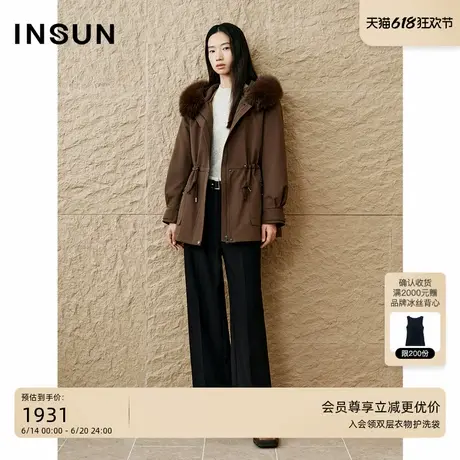 INSUN恩裳专选2024冬季时尚狐狸毛领抽绳兔毛派克服图片