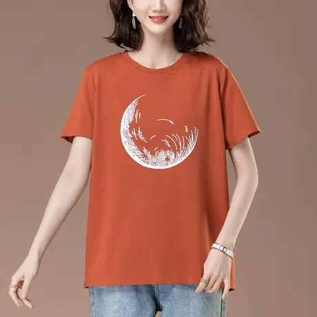 纯棉短袖T恤女夏季宽松加肥加大码女装中年妈妈休闲印花显瘦体恤商品大图