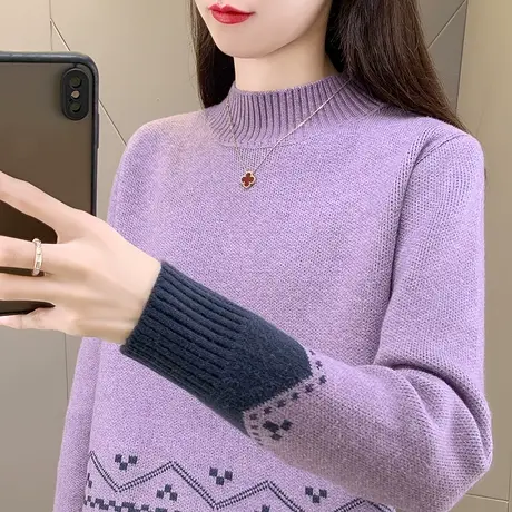 民族复古风长袖半高领针织打底衫上衣女秋冬新款保暖菱形宽松毛衣图片