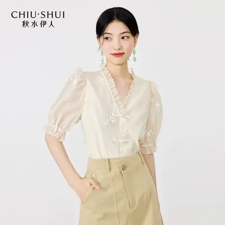 【晶晶姐妹专属】秋水伊人设计感新中式雪纺蕾丝衫夏女小个子上衣商品大图