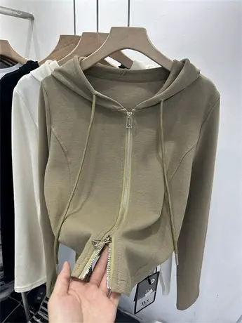 欧货简约双拉链开衫连帽螺纹卫衣短外套女2023春秋新休闲显瘦上衣商品大图