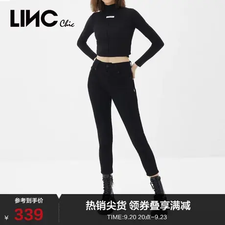 LINCCHIC金羽杰裤子高腰紧身打底裤黑色牛仔裤女装S213JE525商品大图