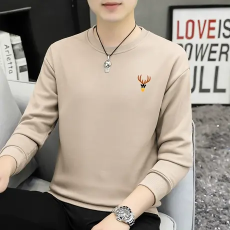 重磅纯棉卫衣男秋冬款加绒加厚摇粒绒圆领长袖t恤鹿头无帽上衣服图片