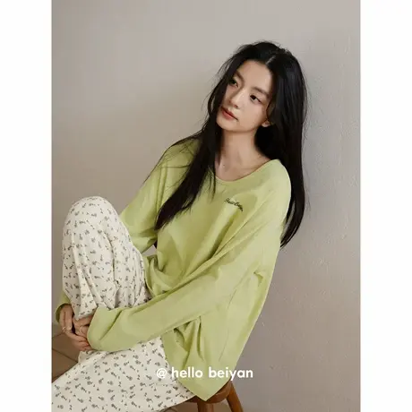 贝妍柔软莫代尔棉睡衣女款春秋长袖大码套装甜美田园风少女家居服商品大图