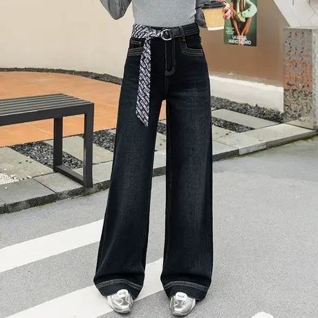拉夏贝尔蓝色微喇牛仔裤女2025新款秋季丝带宽松显瘦垂坠感拖地裤商品大图