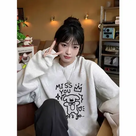 圆领卫衣女白灰色慵懒风2025新款套头无帽宽松韩系chic慵懒上衣女商品大图