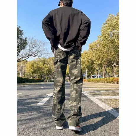 美式复古迷彩裤子男秋季高街潮牌cleanfit伐木工装直筒微喇牛仔裤商品大图