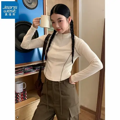 KHV真维斯半开领打底衫女秋2025新款巨好看的长袖t恤立领修身上衣商品大图