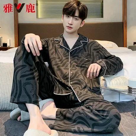 雅鹿睡衣男春秋季2025新款纯棉长袖开衫长裤休闲可外穿潮酷家居服商品大图