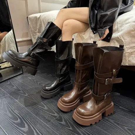 棕色靴子女款长筒靴女粗腿复古西部长靴厚底皮带扣机车高筒骑士靴商品大图