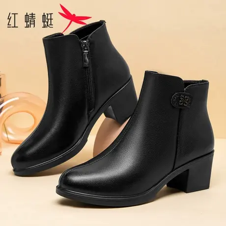红蜻蜓女靴冬季加绒保暖中年妈妈棉靴真皮百搭休闲粗跟女士短筒靴商品大图