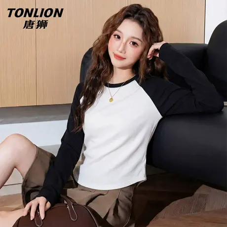 唐狮官方长袖t恤女2026新款春秋款女士撞色插肩修身显瘦上衣女VB图片