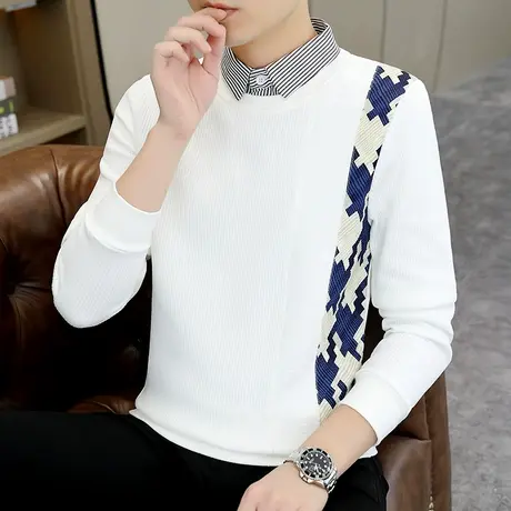 肌理高级感假两件卫衣男秋冬季潮牌加厚拼接带领痞帅个性长袖t恤商品大图