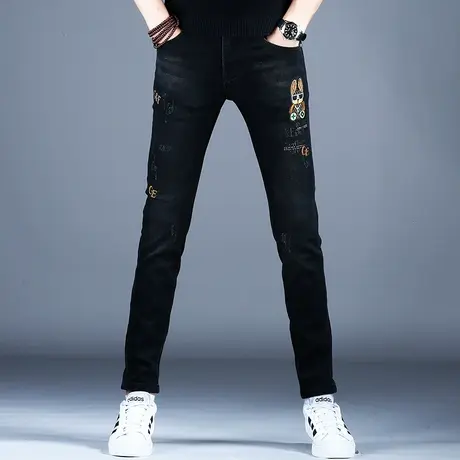 黑色牛仔裤男款裤子潮流男士花刺绣高端秋款2023新款小脚修身男裤商品大图