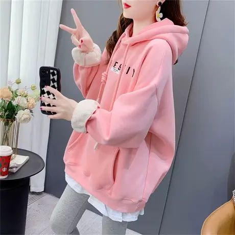 中长款加绒加厚连帽卫衣女2022年新款秋冬宽松慵懒风百搭休闲外套商品大图