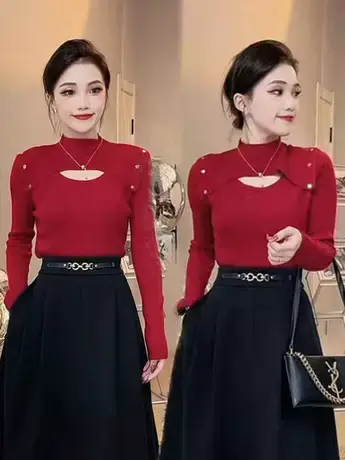 小心机镂空设计感打底针织衫女秋冬新款胖mm气质减龄修身显瘦上衣商品大图