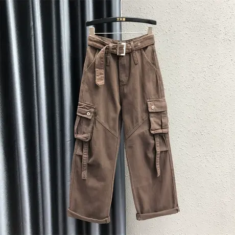 欧货个性口袋直筒裤女2023秋季新款咖啡色设计感高腰百搭牛仔长裤图片