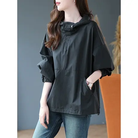 宝诗黎连帽宽松棉质长袖上衣女2023春秋季新款设计感小众套头衬衣商品大图