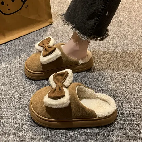 蝴蝶结棉拖鞋女士秋冬季2023新款室内家居毛毛鞋子厚底保暖毛毛拖商品大图