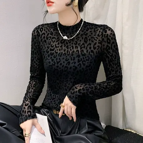 气质减龄圆领T恤女长袖性感豹纹网纱上衣洋气修身个性收腰打底衫商品大图