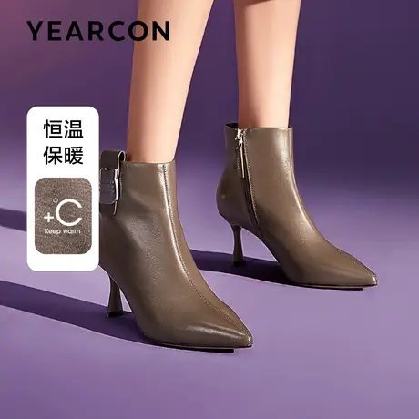 意尔康头层牛皮时装靴子女2023秋冬真皮尖头短靴高跟气质时尚单靴图片