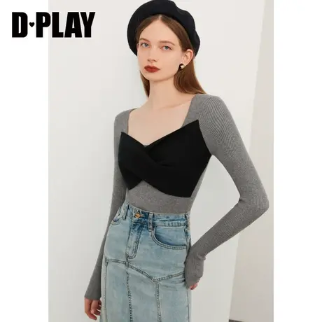 DPLAY秋装新款时尚立体撞色蝴蝶结装饰修身时尚灰色针织衫商品大图