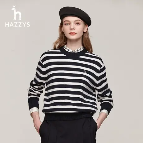 【双1直播闪降】Hazzys哈吉斯条纹圆领羊毛针织衫上衣女士秋冬季商品大图