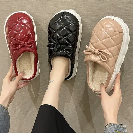 蝴蝶结棉拖鞋女冬季新款室内居家踩屎感厚底防滑防水加绒保暖拖鞋商品大图
