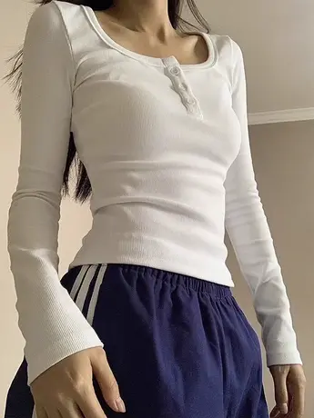 秋冬季2023年新款方领打底衫女白色内搭长袖上衣短款百搭修身t恤商品大图