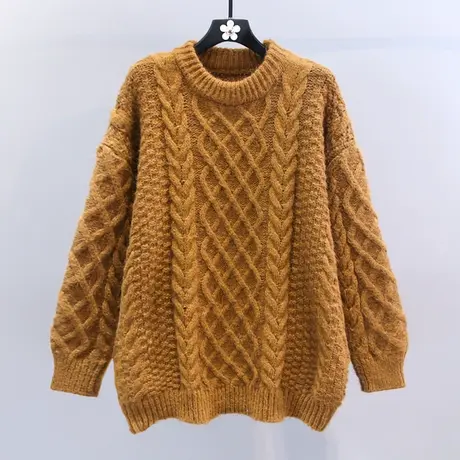 复古麻花套头毛衣女秋冬2023新款宽松慵懒风加厚保暖圆领针织衫图片