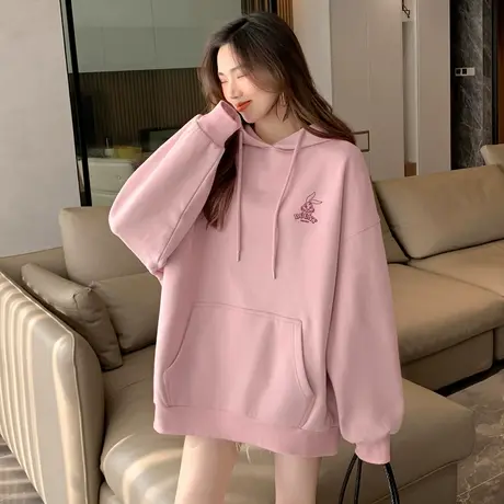 唐狮红色卫衣女士秋冬新款加绒加厚连帽卫衣宽松时尚上衣oversize商品大图