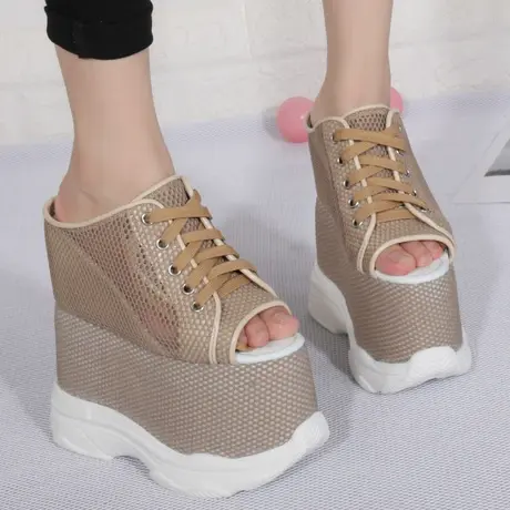 定制恨天高凉拖鞋女2023年夏季鱼嘴厚底松糕鞋防水台网面透气拖鞋图片