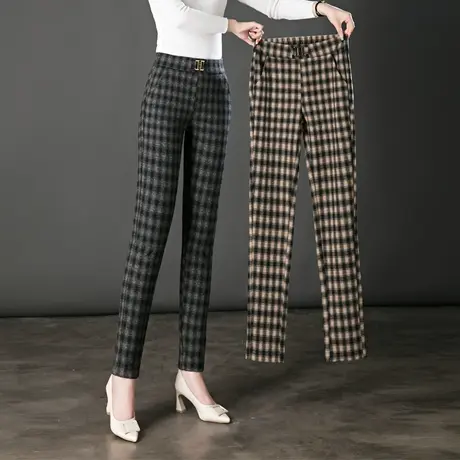 格子裤女春秋大码胖mm中年女裤2024新款弹力显瘦妈妈裤休闲小脚裤商品大图