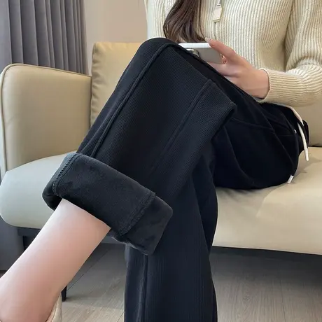 抽绳阔腿运动裤女冬季新款高腰宽松垂感加绒拖地休闲香蕉直筒裤子图片