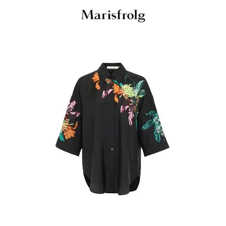 【6A级桑蚕丝】玛丝菲尔衬衫夏季新款落肩七分袖直身花稿衬衣商品大图