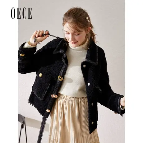 Oece冬季新款女装复古小香风羊毛大衣小个子羊羔毛外套商品大图