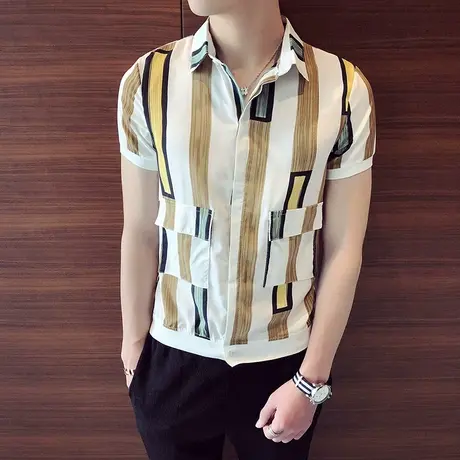 夏装时尚港风短袖衬衫男韩版修身时尚休闲社会人寸衫半袖薄款衬衣商品大图