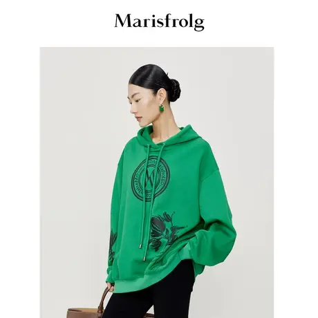 【高更绿】玛丝菲尔春季新款套头宽松印花连帽卫衣上衣设计感商品大图