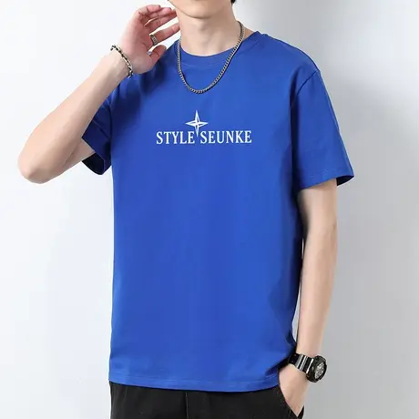 重磅纯棉短袖t恤男装2024新款克莱因蓝液氨长绒棉全棉半袖体恤衫商品大图