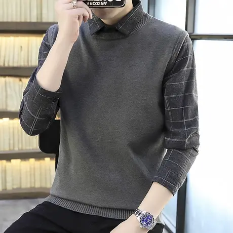 2023冬季假两件毛衣男套头衬衫领马甲针织衫青年韩版潮流背心毛衣商品大图