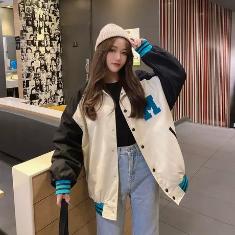 棒球服女复古美式立领潮流拼色上衣2023年春季新款炸街外套ins潮图片