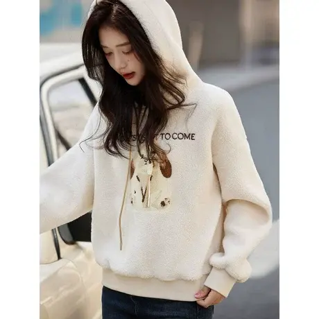 时尚休闲卫衣2023年冬季新款女百搭连帽加绒加厚短款减龄套头上衣商品大图