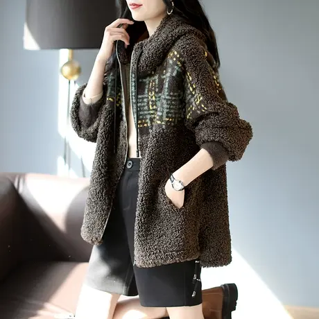 宝诗黎2023时尚秋季新款连帽宽松拼接羊羔毛外套韩版百搭抽绳上衣商品大图