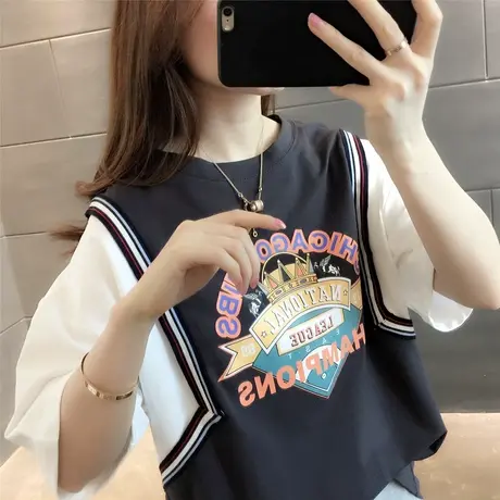 短袖t恤女2023年夏季新款宽松时尚洋气体恤ins潮假两件设计感半袖商品大图