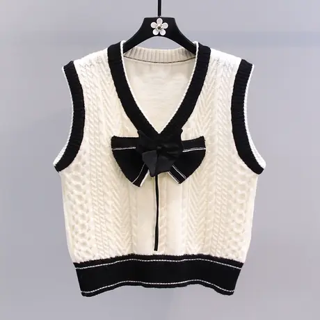 蝴蝶结撞色针织马甲女2023年春装新款学院风外搭甜美V领毛衣背心图片