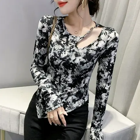 性感镂空T恤ins潮网红设计感小众不规则上衣修身显瘦打底衫女长袖商品大图