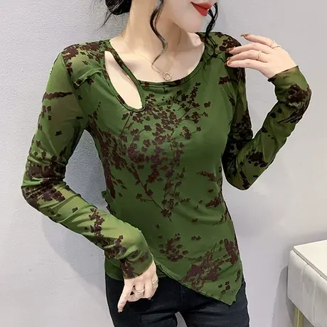 性感镂空打底衫女长袖秋装气质漂亮不规则网纱上衣设计感提花T恤商品大图