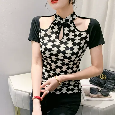 性感镂空短袖T恤女2024夏季新款复古气质盘扣上衣紧身心机小衫ins图片